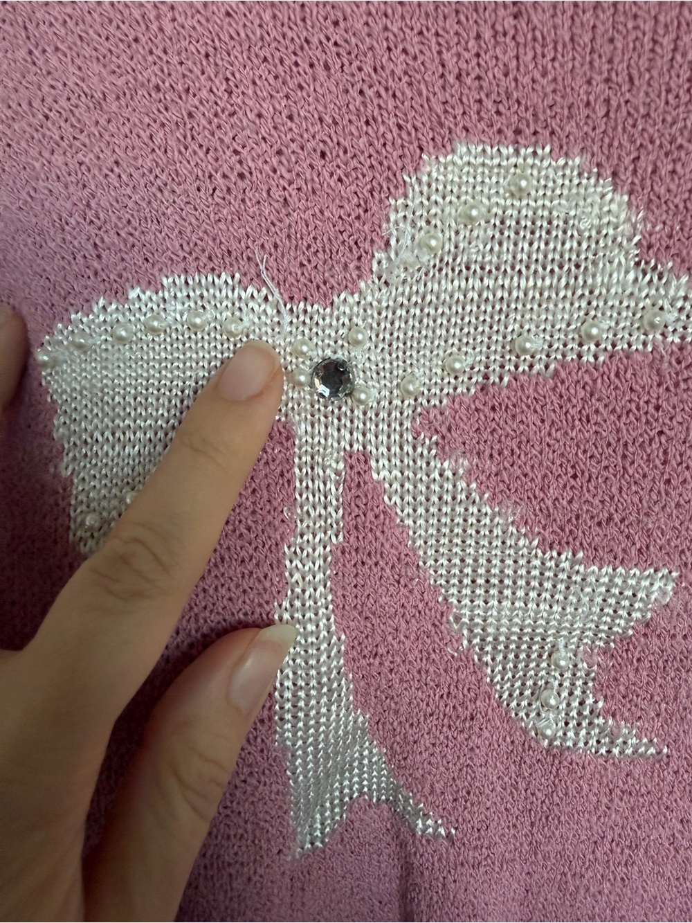 TanJay Vintage Pink Bow Knit Sweater Coquette Pearl Cottagecore Sz L AS IS - Picture 13 of 13